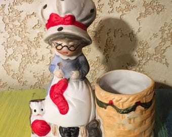 1978 Jasco Nostalgic Christmas Luvkin Mrs Claus Porcelain Candle Holder Figurine with Cat Yarn Knitting Holiday Basket Holiday Table Setting