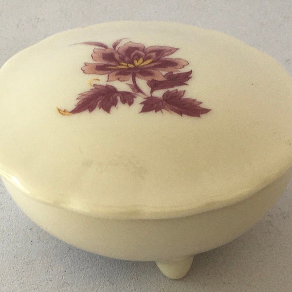 Ceramic Pill Box Ring Dish Pedestal Footed Mini Bowl with Lid Dainty Purple Red Flower Hand Crafted Marked San Antonio Texas