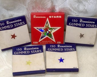 Vintage Dennison Gummed Stars Lot 5 Boxes Foil Paper Seals Red Blue Gold Silver Embossed Stars Made USA School Décor