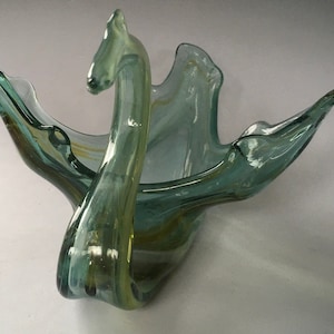 Swan Bowl Handmade Hand-Blown Sooner Art Glass Midcentury Coke Bottle Green Dragon Serpent Candy Dish Serving Bowl Trinket Dish Centerpiece