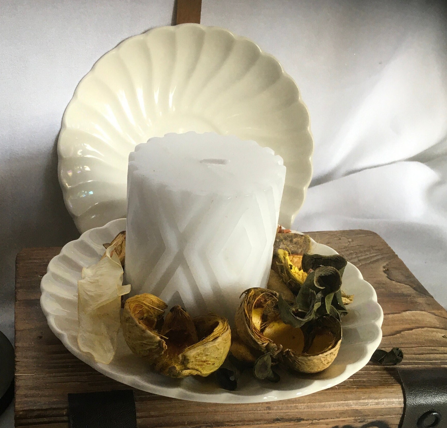 Set of Six 6 Seashell Swirl White Coffee Cup Saucer Ruffled Edge Petal Edge Trinket Dish Candle Holder Centerpiece