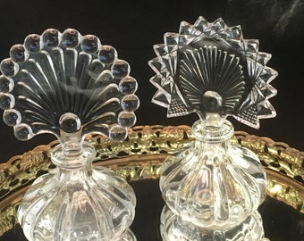Vintage Vanity Decor Clear Pressed Glass Art Deco Perfume Decanter Bottle Peacock Fan with Spheres Dauber and Diamond Points Stopper