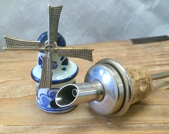 Vintage Delft Blue Porcelain Metal & Cork Bottle Stopper Pourer Moving Windmill | Dutch Liquor Spout | Novelty Decanter Stopper