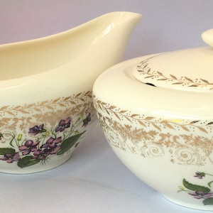 SET Elegant White Porcelain handled Creamer Gravy Boat Lidded Sugar Bowl with Purple Flower Bouquet Gold Detail