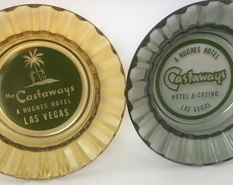 Vintage Castaways Hotel Las Vegas Nevada Casino Glass Ashtray Trinket Dish Antique Memorabilia Black Glass Amber Glass Scallop Ruffled Edge