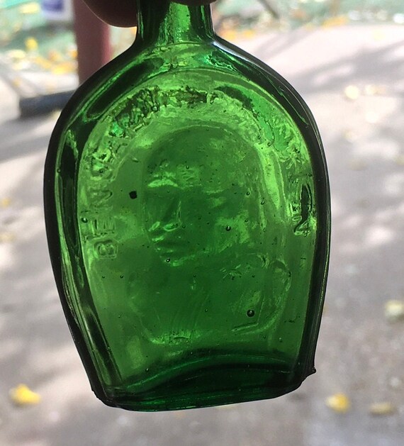 Miniature Green Glass Bud Vase With Benjamin Franklin Face