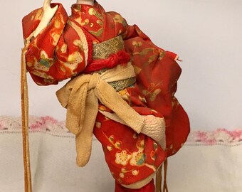 Rare Midcentury Vintage Japanese Porcelain Doll in Red Decorative