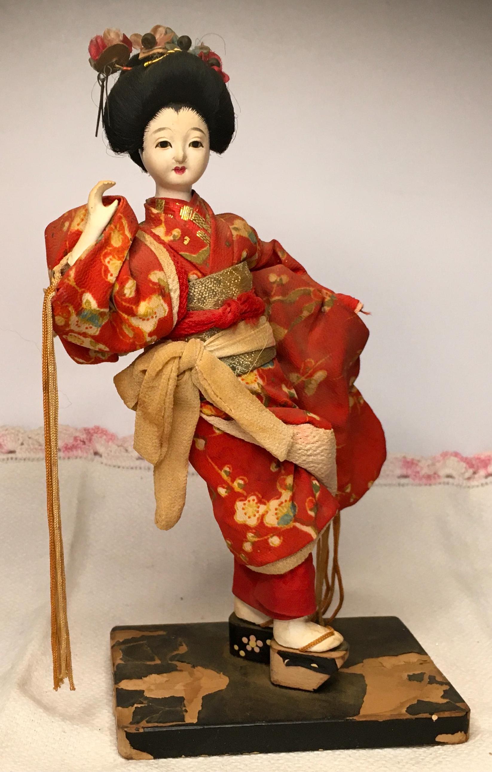 Rare Midcentury Vintage Japanese Porcelain Doll in Red Decorative