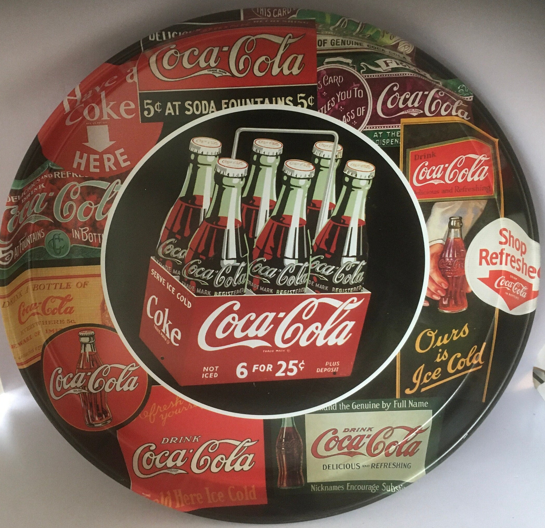 Coca Cola Round Tin Serving Tray Rolling Tray 1950's 6 Pack - 1998