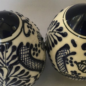 Deep Royal Blue and White Porcelain Egg Shaped Hand Painted Salt and Pepper Shakers Textured Design Marked Mexico