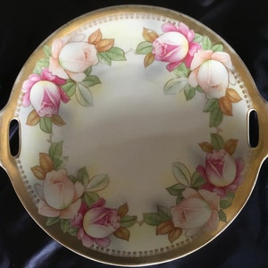 Vintage JSV Germany - round porcelain serving platter with handles - pink roses gold trim Elegant Romantic Tableware