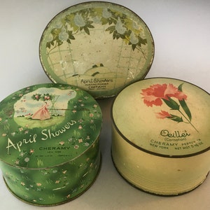 Set of Three Vintage Cheramy April Showers Dusting Powder Empty Tin Powder Boxes Tins Oeillet Carnation