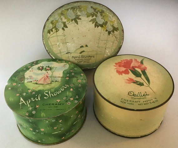 Set of 3 Vintage Cheramy April Showers Dusting Powder Empty Tin Powder Boxes Tins Oeillet Carnation Vintage Bathroom Guest Bath Decor