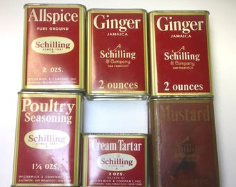 Vintage Set 6 Schilling Spice Red Tin Jars Grocery Pantry Items Rustic Kitchen Display Advertising Allspice Ginger Cream Tartar Mustard