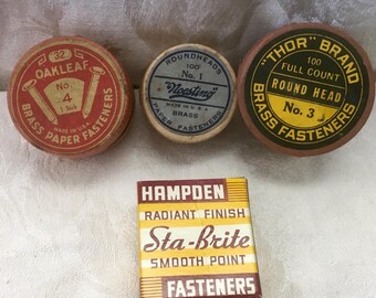 Vintage School Office Décor Brass Paper Fasteners Lot Oakleaf Thor Noesting Hampden Sta-Brite Original Boxes Round Head No. 1, 3, 4