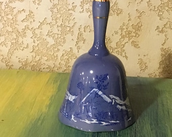 Classic Currier & Ives Copenhagen American Treasure Bell Blue Gold Trim with Nostalgic White Winter Country Landscape Snow Scene Cottage