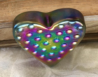 Colorful Iridescent Purple Hobnail Heart Shaped Paperweight Robert Held Art Glass Signed RHAG Handmade Canadian Glass Art