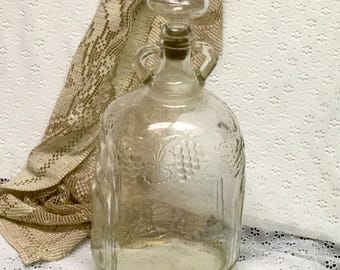 Antique Ball Glass One Gallon Double Handled Wine Jug Grapevine Embossed Glass Decanter w/ Glass Cork Stopper Art Deco Shelf Window Decor