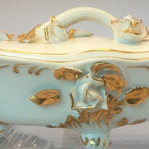 Ornate Bathtub Footed Double Handle Sugar Bowl Candy Dish White Porcelain Intricate Gilded Gold Detail Roses Lefton Silver Sticker 2378