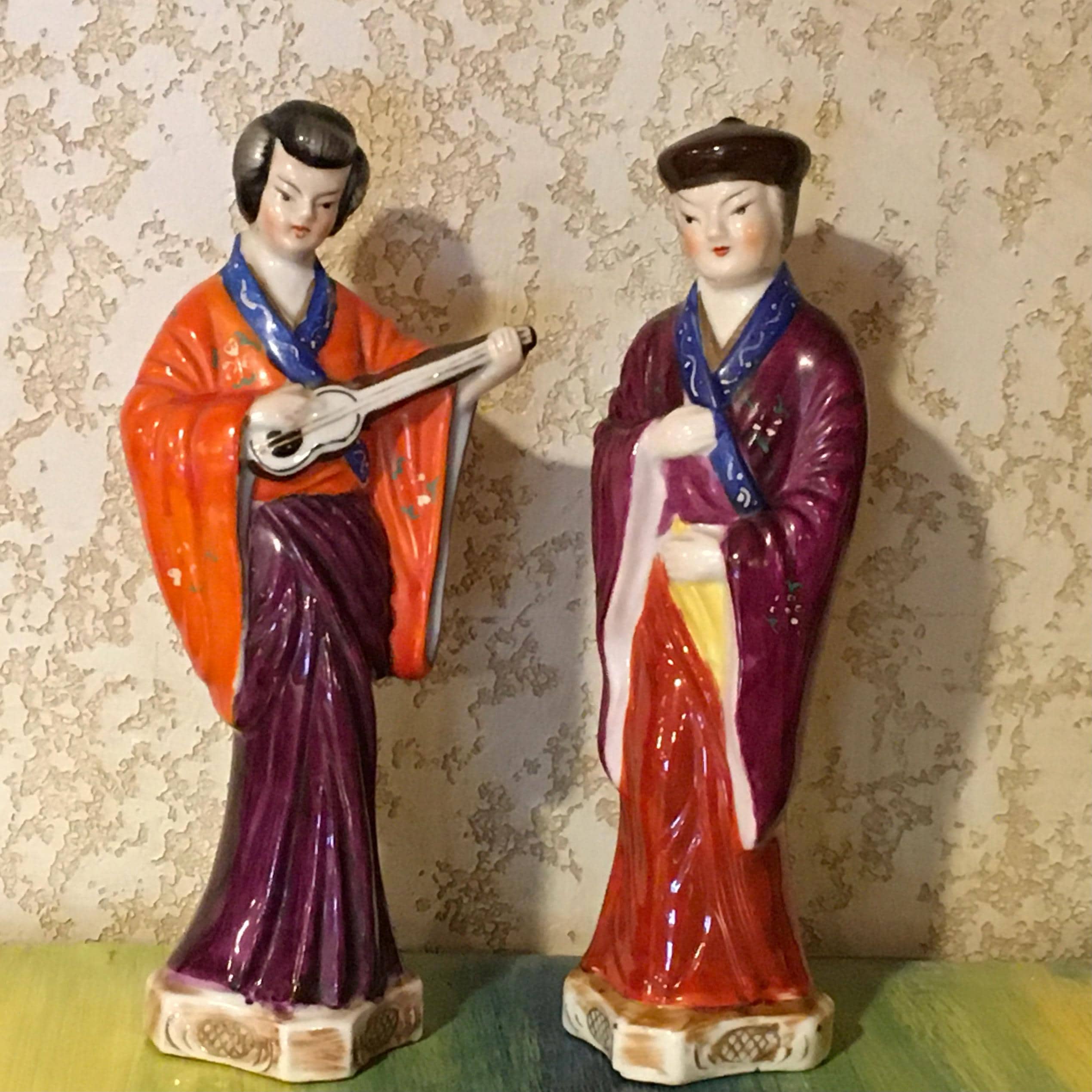 Asian Man and Woman Hand Painted Porcelain Figurines Marked