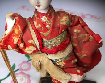 Rare Midcentury Vintage Japanese Porcelain Doll in Red Decorative