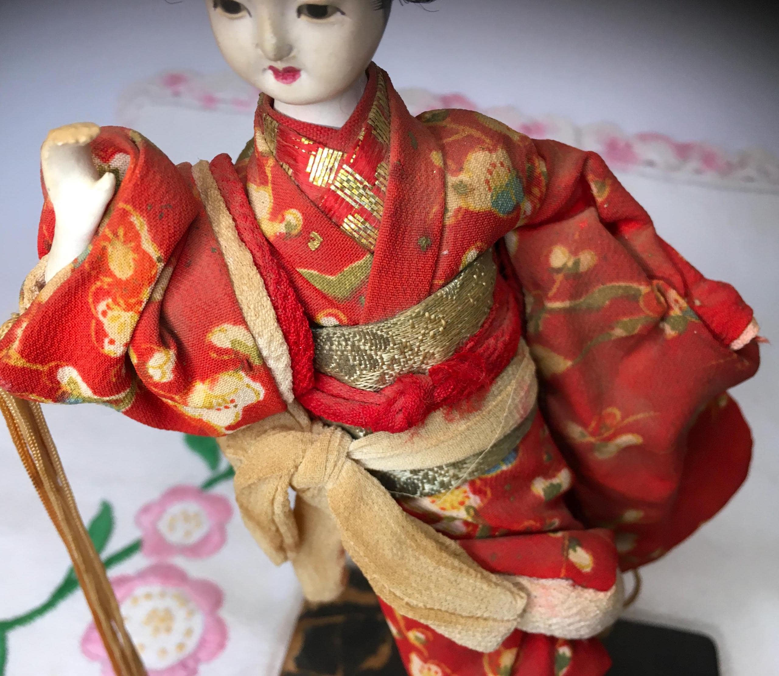 Rare Midcentury Vintage Japanese Porcelain Doll in Red Decorative