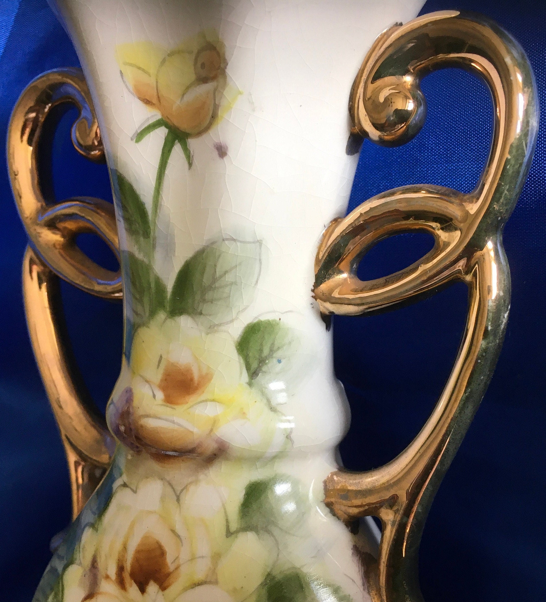 Unique Porcelain Bud Vase With Gold Scroll Handles Hand Painted Yellow ...