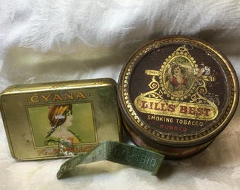 Choice Antique Tobacco Tins | Dills Best Smoking Round Tin | CYANA Mild Mellow | 1910 Tax Stamp | Early 1900s Advertising Home Bar Décor