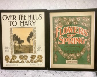 Choice Antique Framed Sheet Music 1906 Flowers of Spring Earl LaFarge or 1915 Over the Hills to Mary Alfred Bryan Vintage Music Wall Art