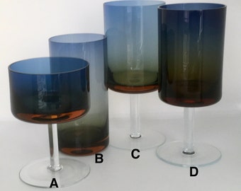 Rare Elegant Drinkware 1960s - 70s Denby Bluerina Glass Ombre Blue Red Amber Glasses Goblet Wine Glass Barware Retro Table Setting Décor