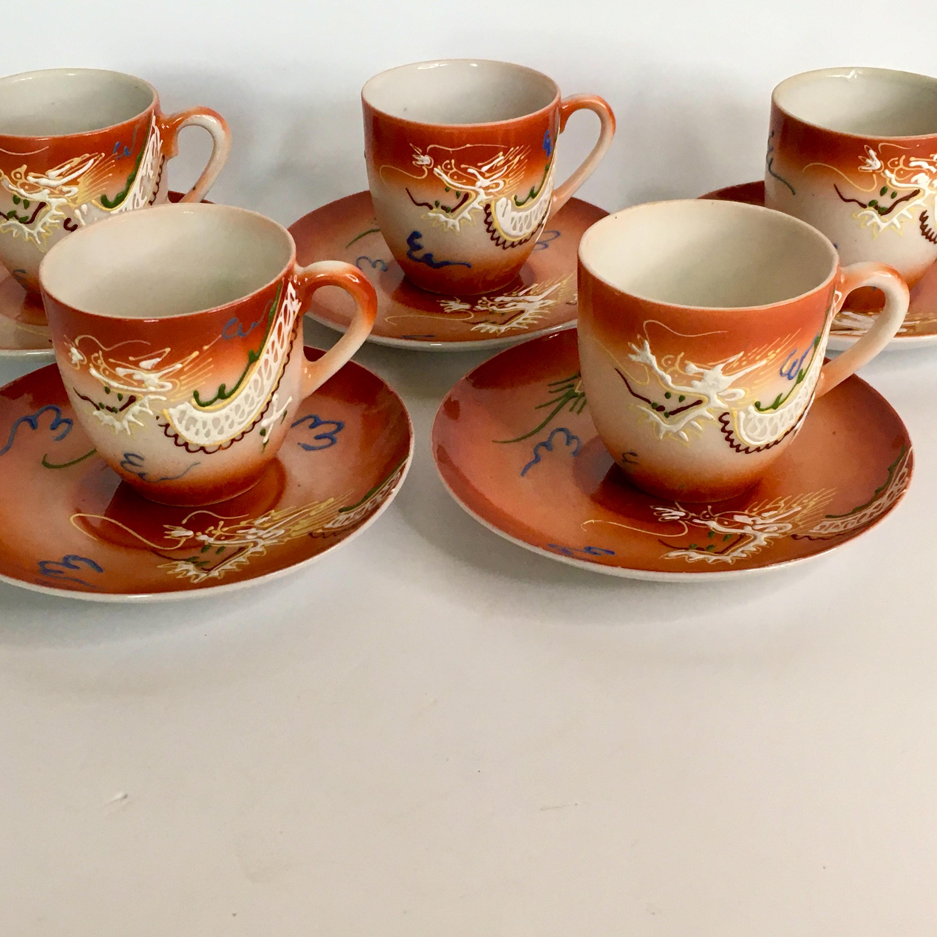 Vintage Moriage Dragonware Cup and Saucer Tea Set: Hand-painted