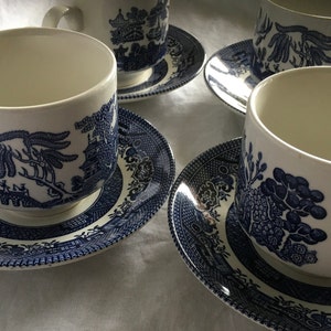 Set - Churchill England Staffordshire Blue Willow Blue and White Transferware Tea Coffee Cup and Saucer Set Blue and White Porcelain