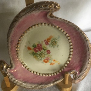 Interesting Triskelion Spiral Shape Snake Skin Textured Plate Pink Border Gold Trim Beaded with Flower Bouquet Trinket Dish Candle Holder