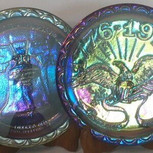 Embossed Shiny Metallic Iridescent Blue Indiana Carnival Glass Bald Eagle USA Bicentennial 1776 & Liberty Bell Trinket Dish Collector Plate