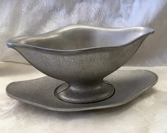 Vintage Guardian Service Hammered Cast Aluminum Pedestal Sauce Bowl and Underplate Gravy Boat w/ Drip Tray Nut Candy Bowl Centerpiece