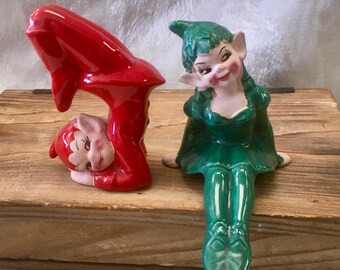 Miniature 2-Piece Vintage Playful Ornery Pixie Elf Handstand Kitsch Shelf Sitters Ceramic Figurine Set Green Suit Red Clothing