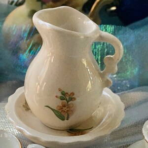 Vintage Adorable Miniature Ruffled Edge Pitcher and Basin by Duncan Enterprises White Porcelain with Floral Motif Toothpick Holder