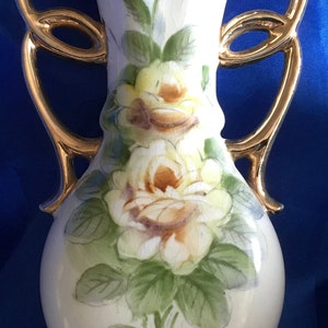 Unique Porcelain Bud Vase with Gold Scroll Handles Hand Painted Yellow Roses Gold Trim Elegant Spring Summer Tablescape Decor