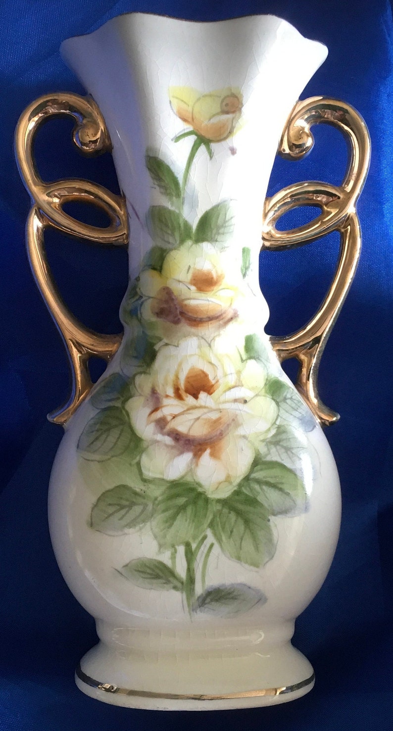 Unique Porcelain Bud Vase With Gold Scroll Handles Hand Painted Yellow ...