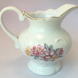 Elegant White and Floral Embossed Design Creamer Mini Pitcher Urn Scalloped, Embossed Border