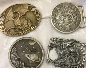 Choice Vintage Metal Fantasy Belt Buckles Brass ADM Dragon, Bergamot Aztec Calendar, Indiana Metal Craft Moon Space, Siskiyou Dragon