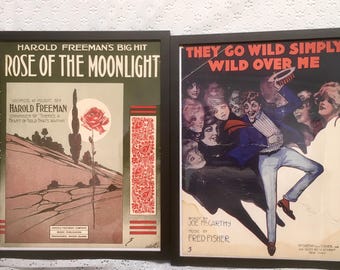 Choice Antique Framed Sheet Music 1914 Rose of the Moonlight or 1917 They Go Simply Wild over Me Vintage Tin Pan Alley Music Wall Art