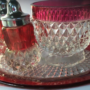 Elegant Indiana Glass Co Diamond Point Cut Cranberry Red Glass Serving Ware Salt Pepper Footed Sugar Mustard Spice Bowl Platter Dinnerware