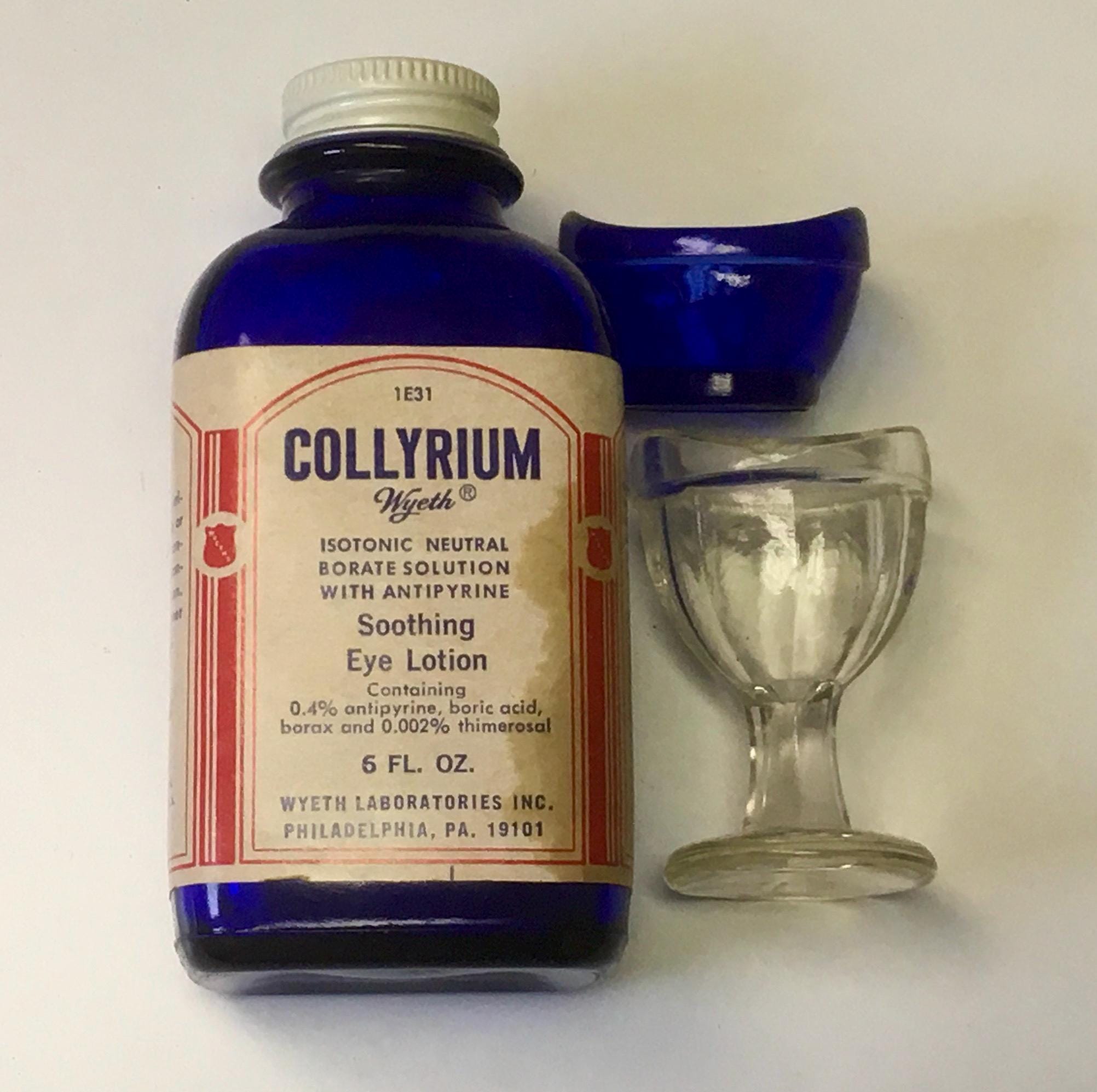 Vintage Wyeth Collyrium Soothing Eye Lotion w 2 Eye Cups Blue Glass 6 oz  Bottle Cobalt Blue Glass Vintage Pharmacy Doctor Office Decor
