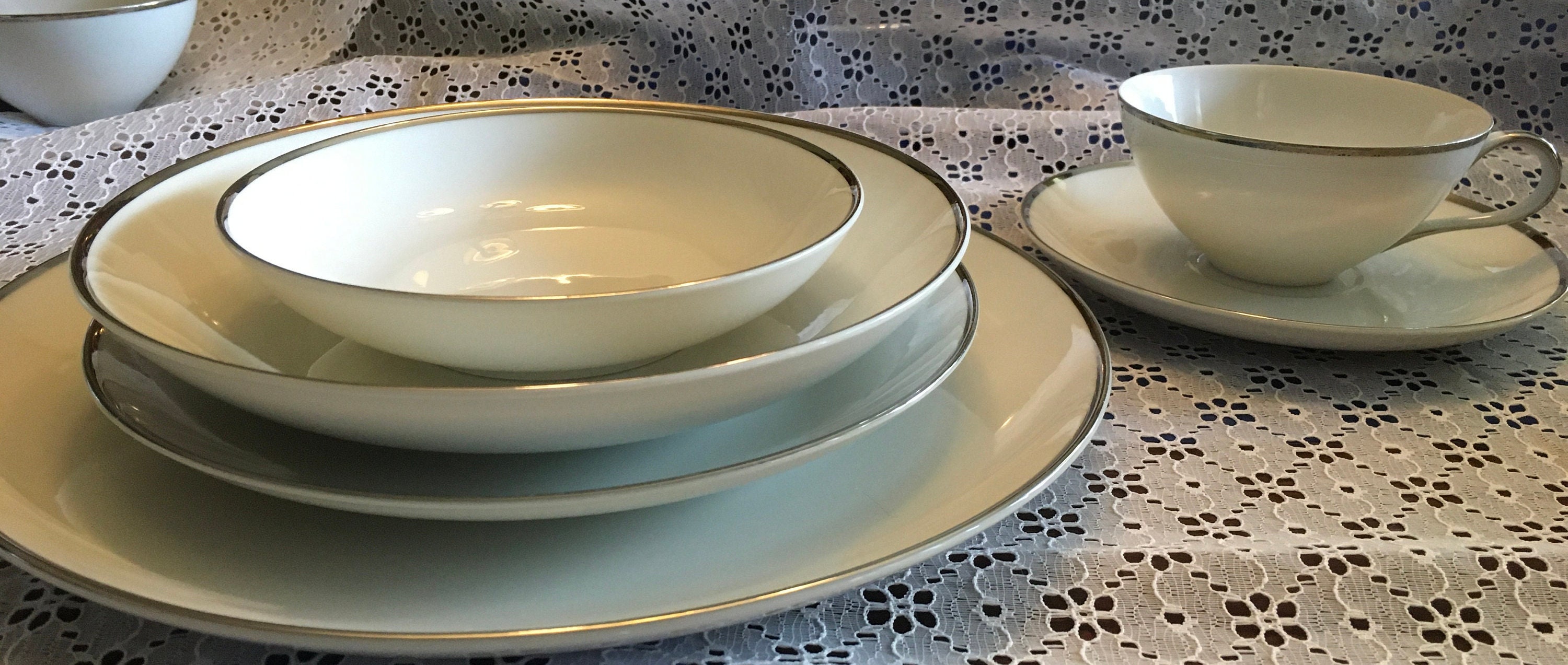 Harmony House Moderne China Made in Japan Tableware - White with Platinum Silver Trim