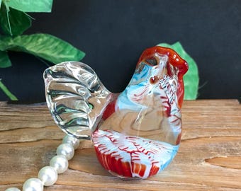 Hand-Blown Ribbon Glass Hen Figurine | Red White Blue Art Glass Bird | Murano Style | China | 2.5" Vintage Chicken Collectible Paperweight