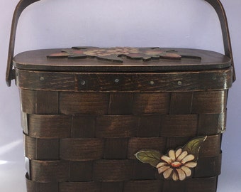 Vintage 1970s Decoupage Wooden Weave Purse or Picnic Basket with Wood Swing Handle Decorated with Cutout Strawberry & Flowers