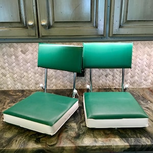 Pair Vintage Stadium Chairs Bleacher Seats Fishing Chair Metal Frame Green Vinyl Padded Seat Outdoor Seating by Kimberly Rose KR Industries