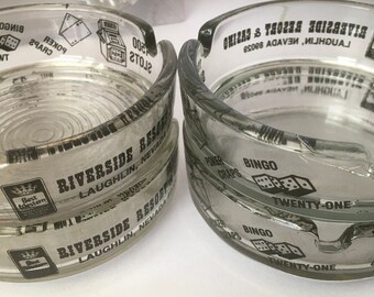 Vintage Ashtray Trinket Dish Riverside Resort and Casino Laughlin Nevada  Round Clear Glass with Black Graphic logo