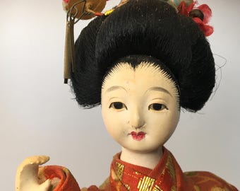Rare Midcentury Vintage Japanese Porcelain Doll in Red Decorative